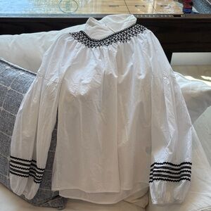 Joie White Blouse with Black Smocked Trim